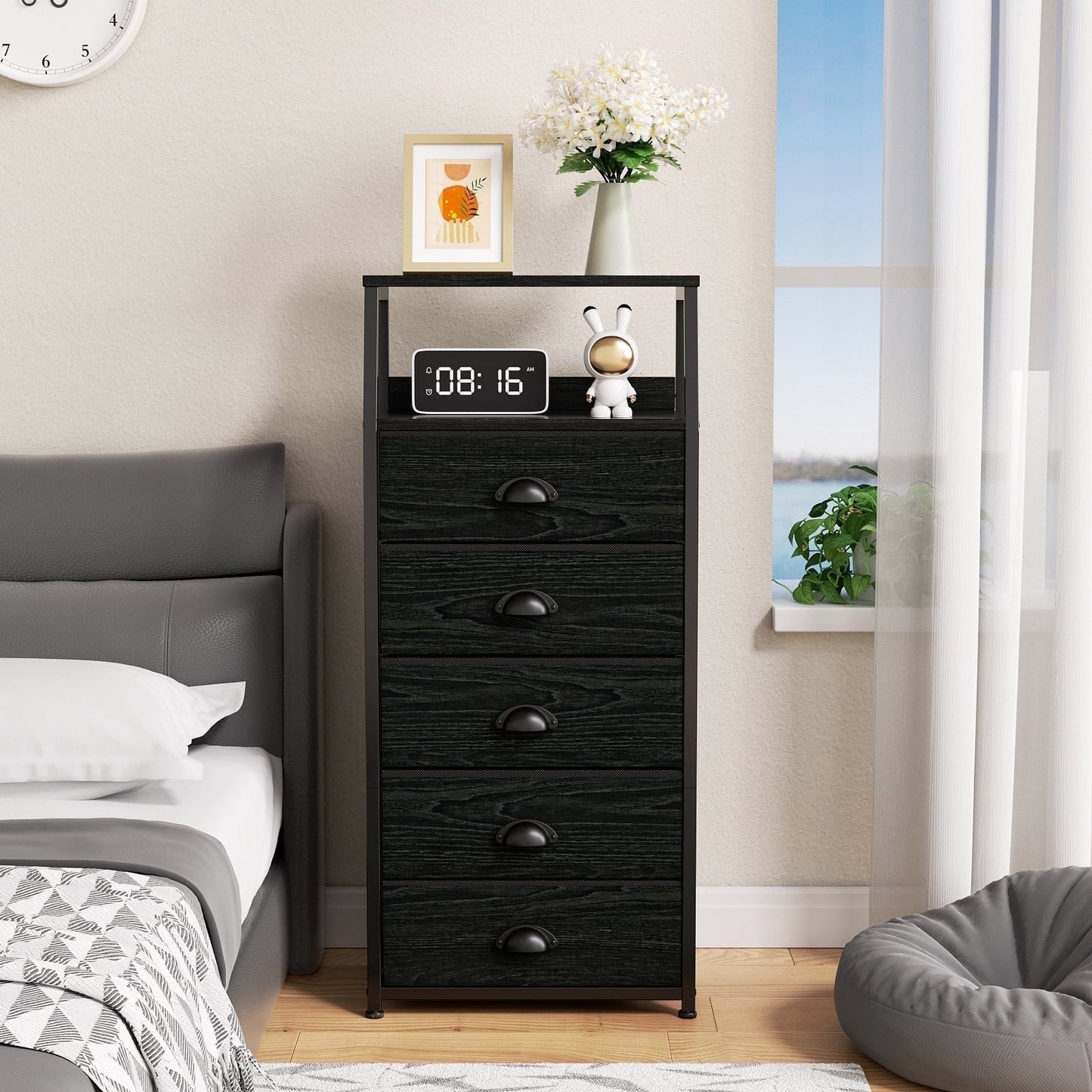 TYDIMOR Fabric Dresser for Bedroom, 5 Drawer Chest of Drawers, Black, Ideal for Adults