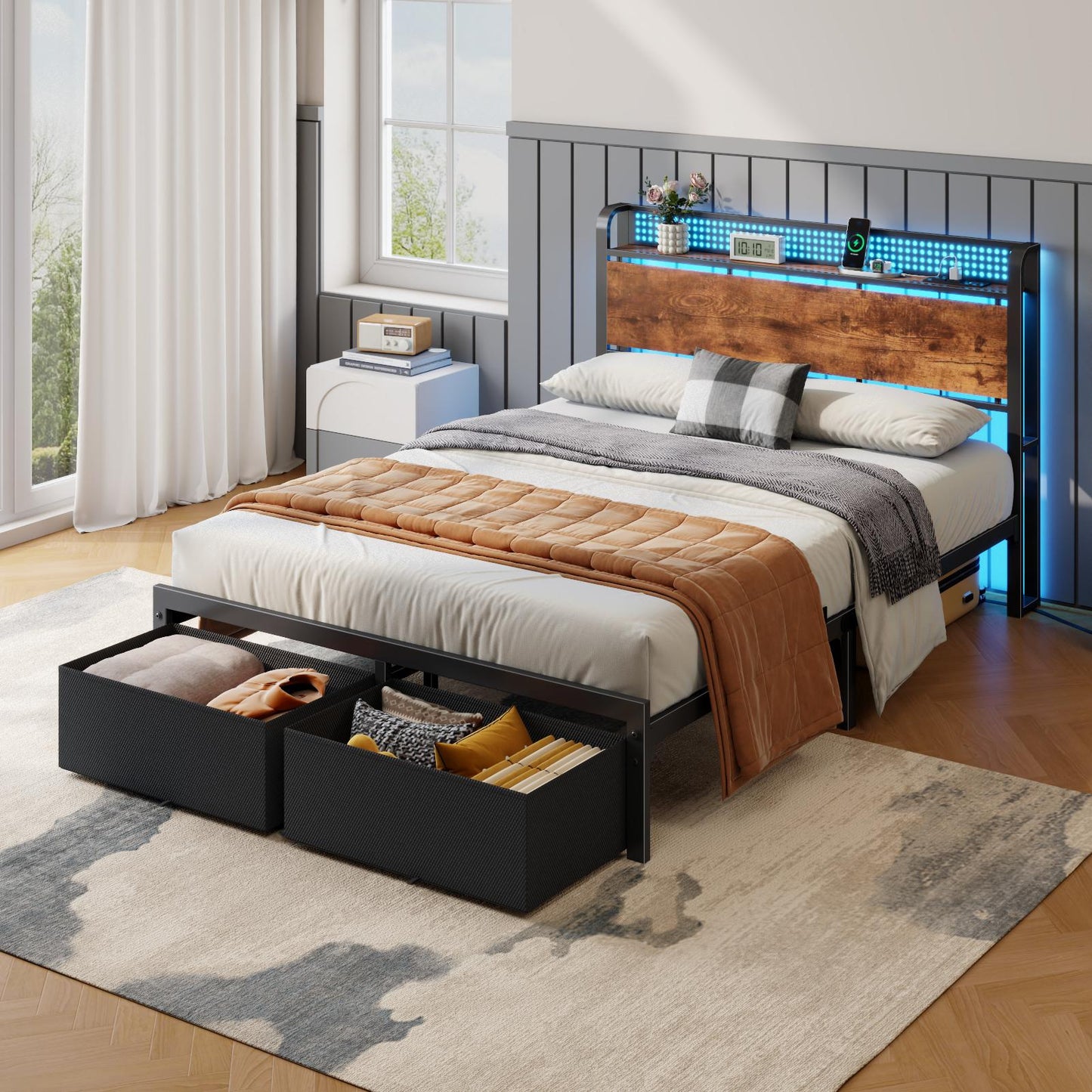 Satifur Twin Bed Frame with 2 Drawers & Storage Headboard, Platform Metal Bed with Charging Station, No Box Spring Needed
