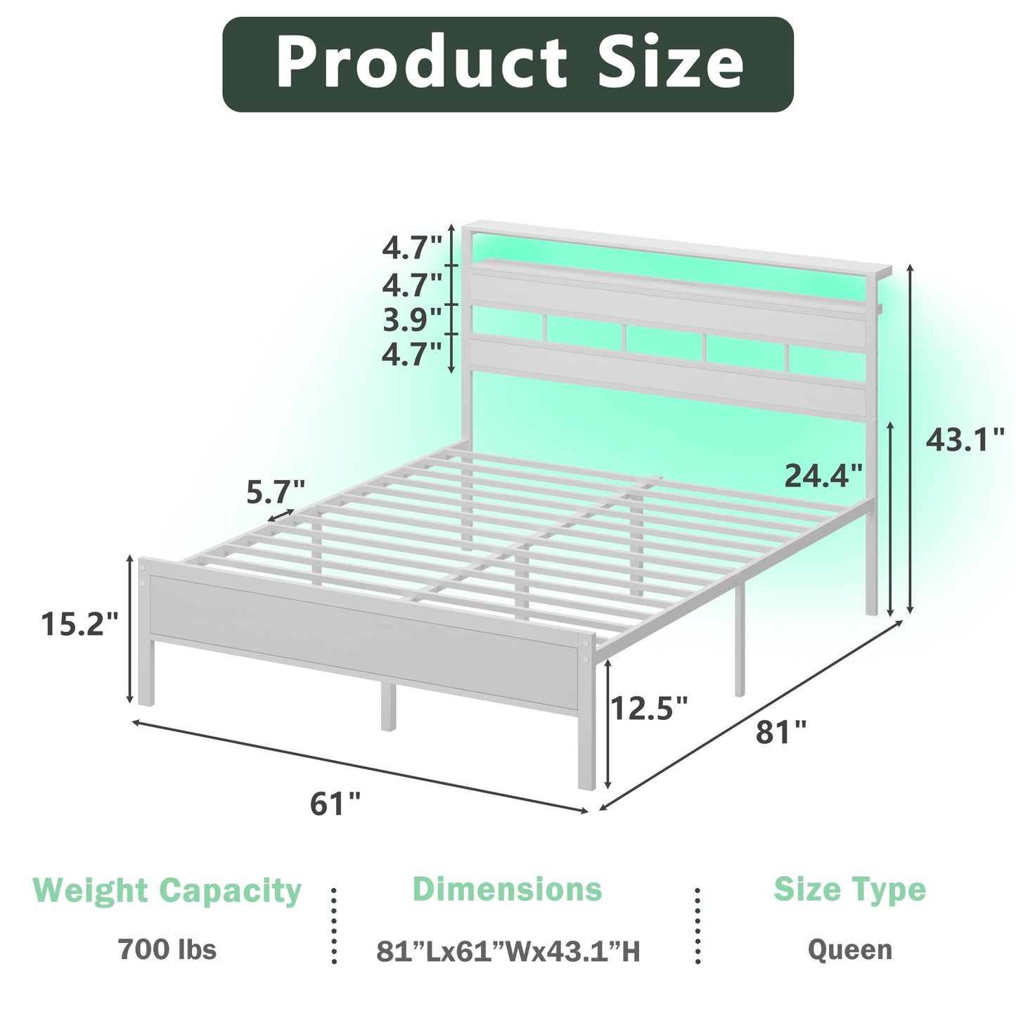 Tydimor Queen Bed Frames with Wood Headboard & 2-Tier Storage Shelves, Queen Size Platform Bed with Charging Station and LED Lights, No Box Spring Needed, White