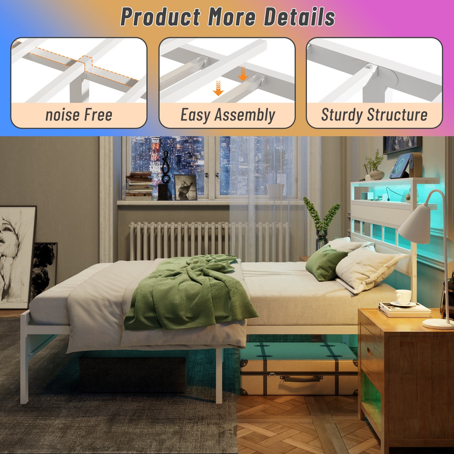 Tydimor Queen Bed Frames with Wood Headboard & 2-Tier Storage Shelves, Queen Size Platform Bed with Charging Station and LED Lights, No Box Spring Needed, White