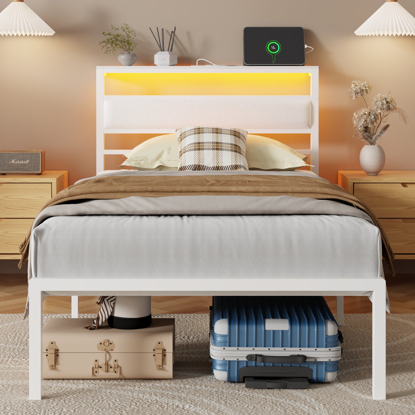 Satifur Twin Size Bed Frame with Storage Headboard Shelf, LED Bed Platform with USB Charging Station, White