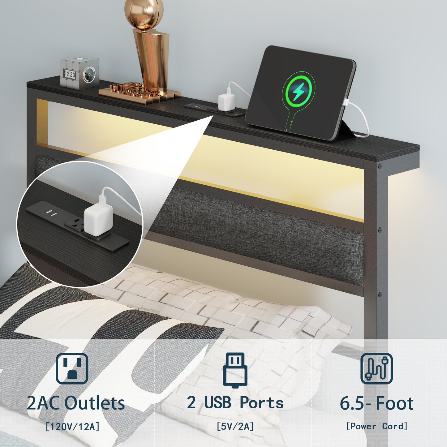 Satifur Twin Size Bed Frame with Upholstered Headboard & Shelf, LED Lights & USB Charging Station, Metal Black