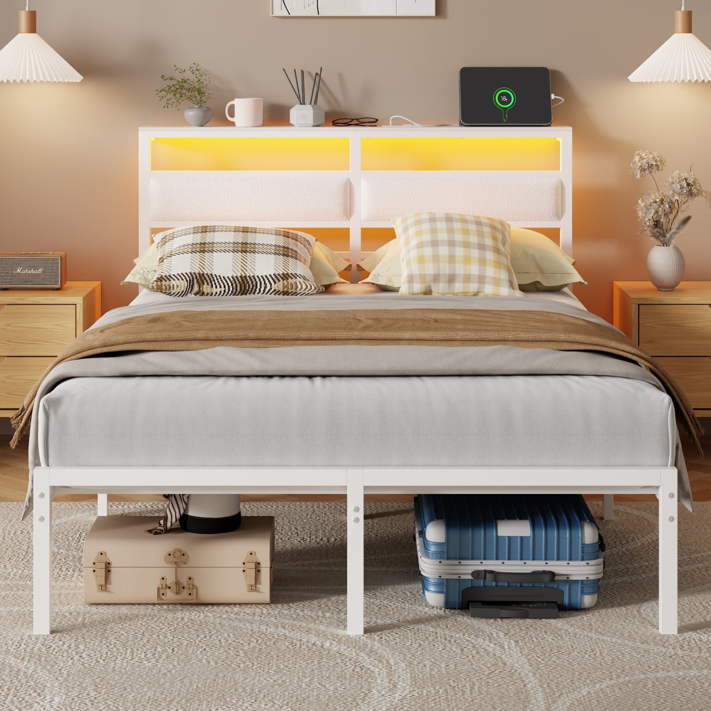 Satifur Full Size Bed Frame with Upholstered Headboard & Shelf, LED Lights & USB Charging Station, White