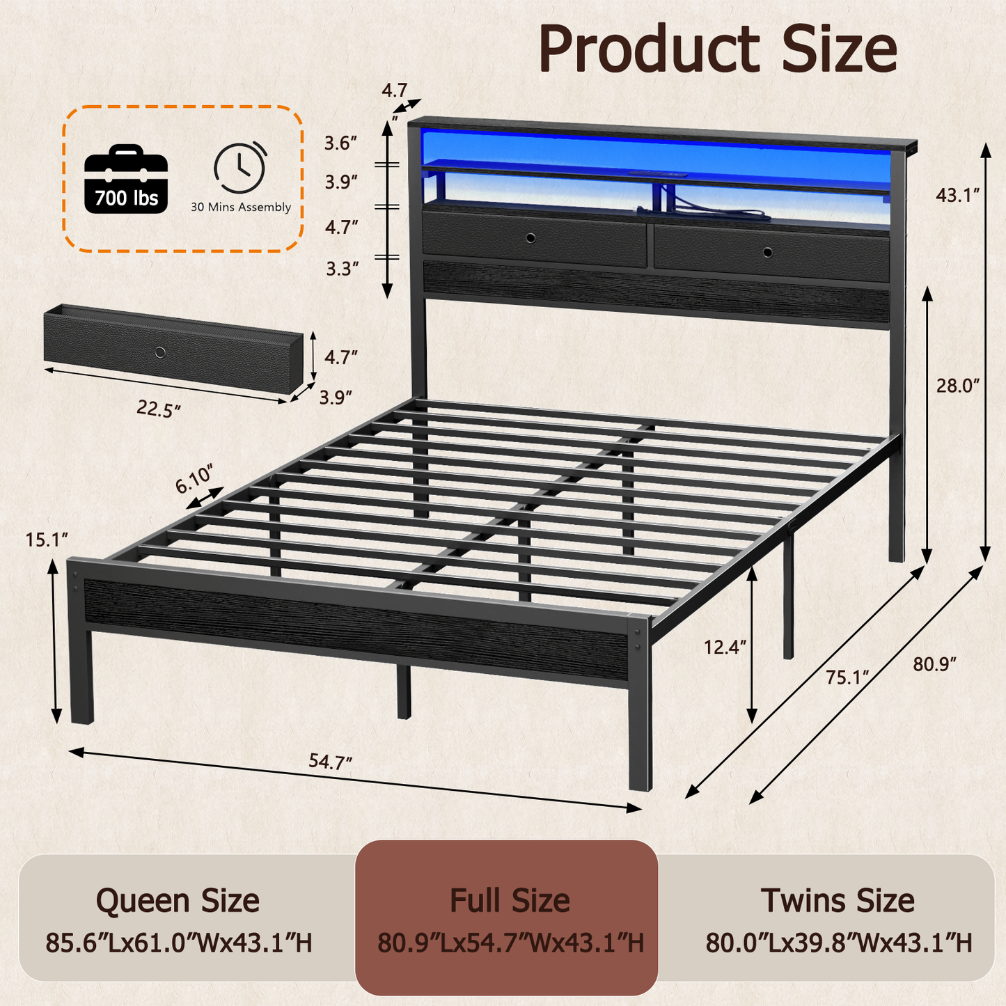 Satifur Full Size Bed Frame with 2 Storage Drawers Headboard, LED & Charging Station, Black oack