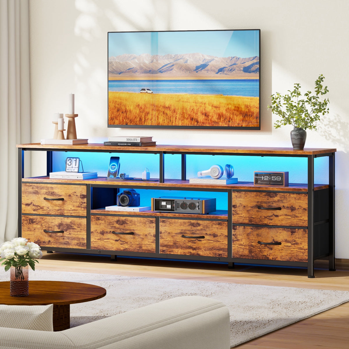Tydimor 63 Inch TV Stand with LED Lights & Charging Power Station, 6 Fabric Drawer Dresser, Multifunctional Media Console, Sideboard Storage Cabinet, Entryway Hallway Table Fits 32-70 Inch TV