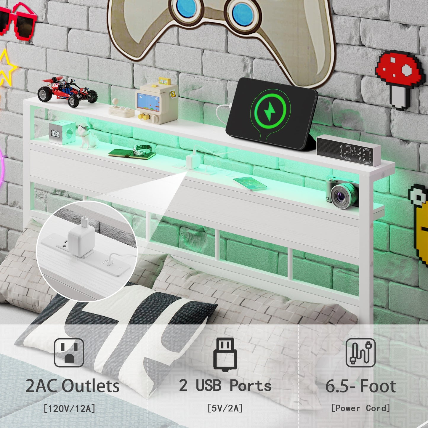 Tydimor Full Bed Frames with Wood Headboard & 2-Tier Storage Shelves, Full Size Platform Bed with Charging Station and LED Lights, No Box Spring Needed, White