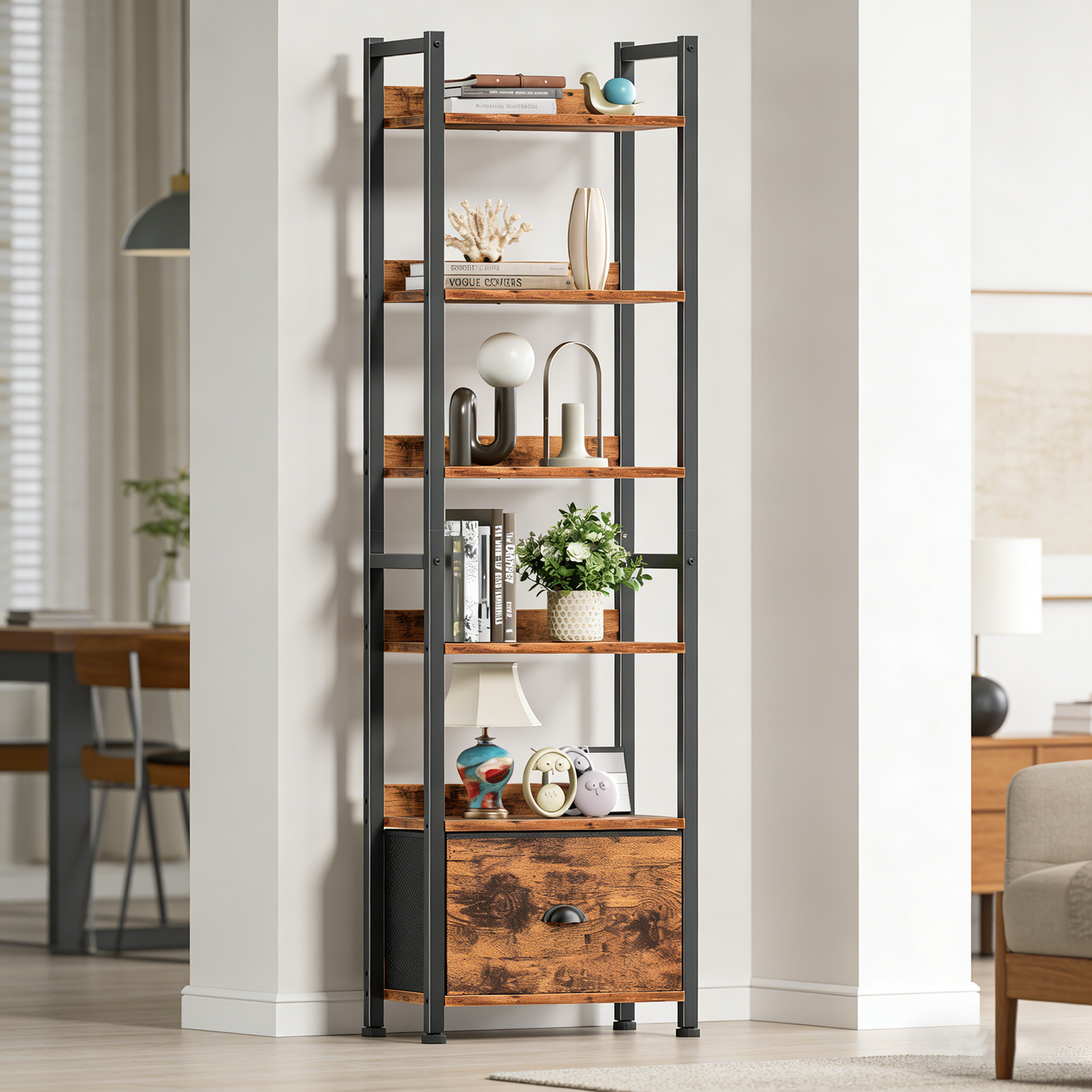 Satifur 6 Tier Rustic Standing Bookshelf, Tall Display Organizer with 1 Removable Drawer, Adjustable Feet, for Bedroom, Balcony & Home Office