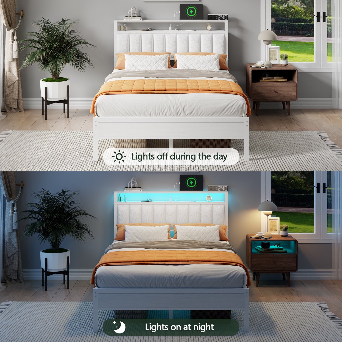 Tydimor Full Bed Frames with LED Lights, Platform Bed with Metal Slats, Headboard with 2-Tier Storage Shelves & Charging Station, No Box Spring Needed, White