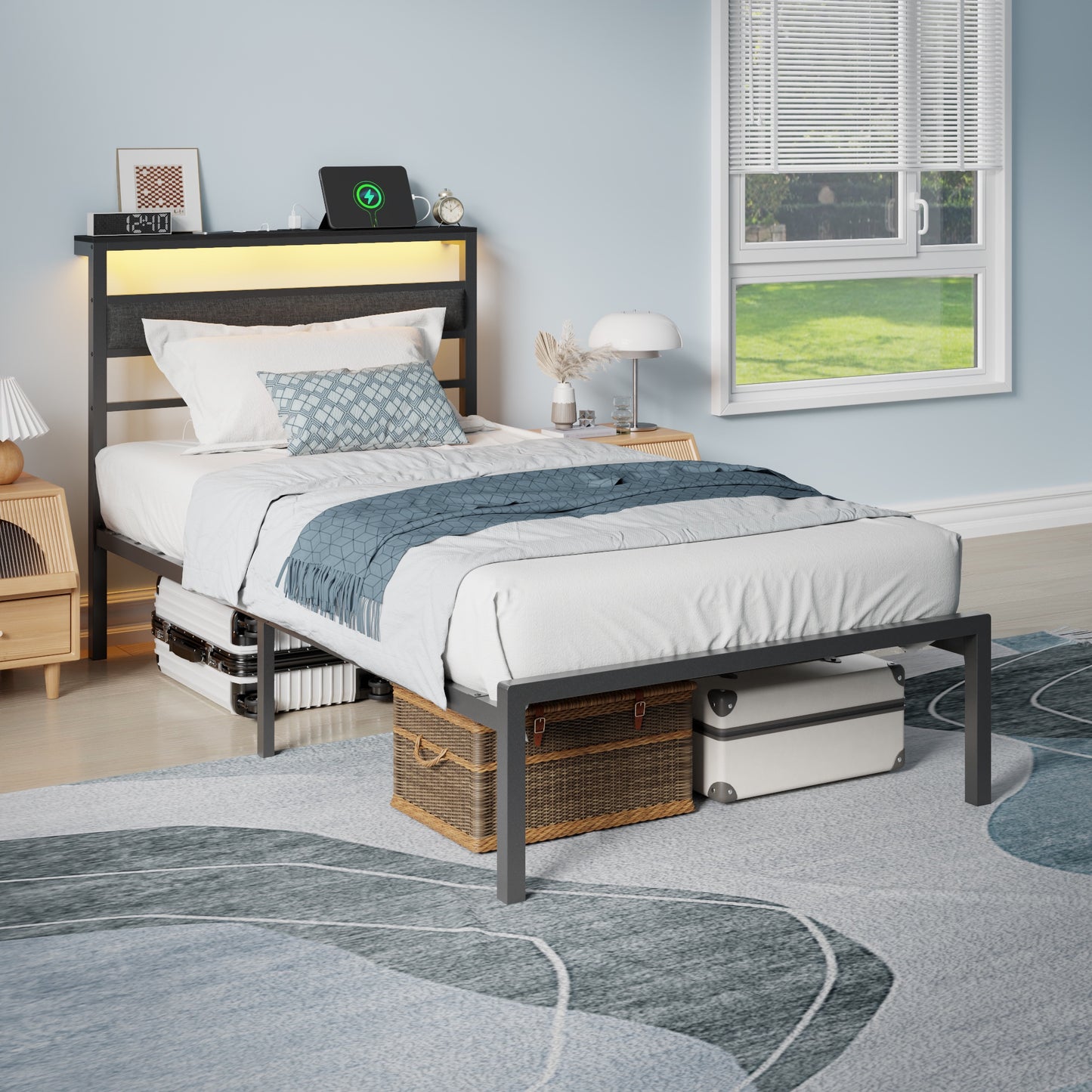 Tydimor Twin Size Bed Frame with USB Charging Station, LED Lights & Upholstered Headboard & Shelf, Metal Black