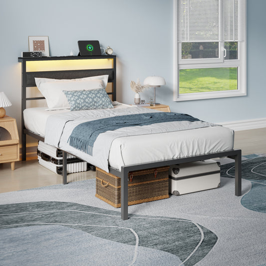 Tydimor Twin Size Bed Frame with USB Charging Station, LED Lights & Upholstered Headboard & Shelf, Metal Black