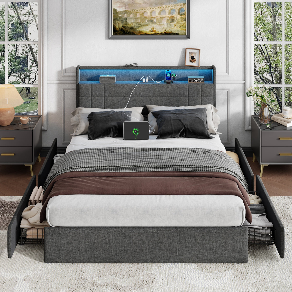 Satifur Queen Bed Frame with Charging Station, Queen Upholstered Rivet Storage Headboard Platform Beds, Noise-Free, Easy Assembly, Dark Grey