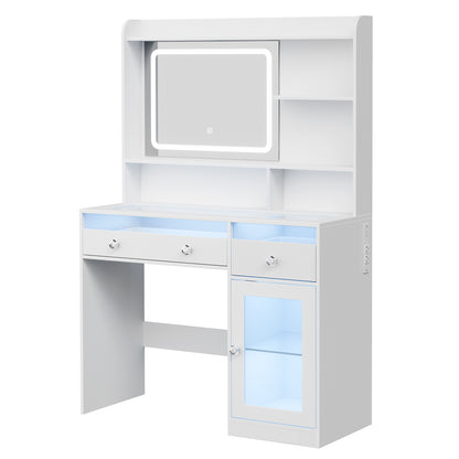 Satifur Modern LED Vanity Desk with Charging Station & Storage, White Makeup Table for Bedroom