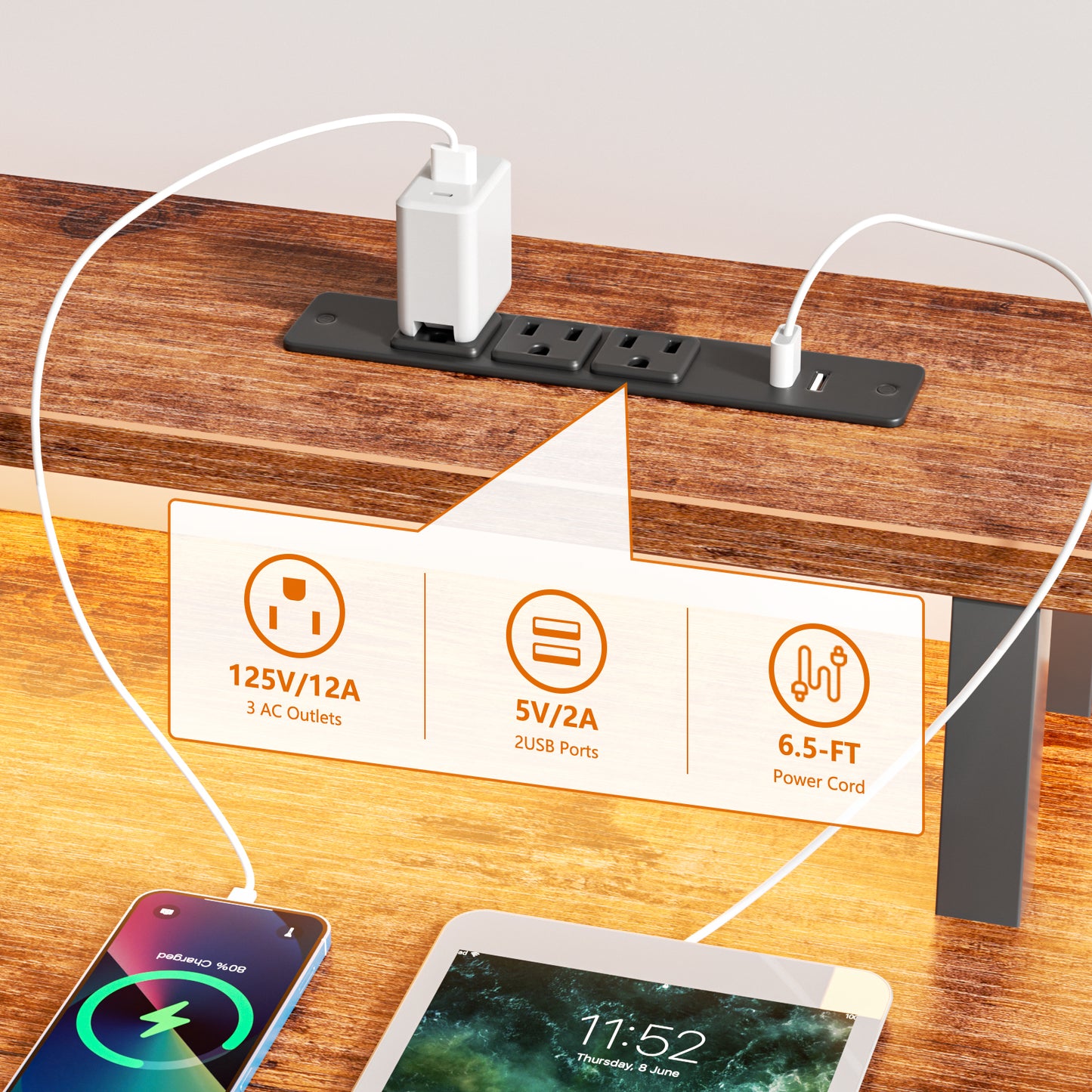 Satifur Computer Desk with 4 Drawers, 60 Inch Reversible Desk with Led Lights & Power Outlet, Home Office Desk with File Drawer & Monitor Stand, Rustic Brown