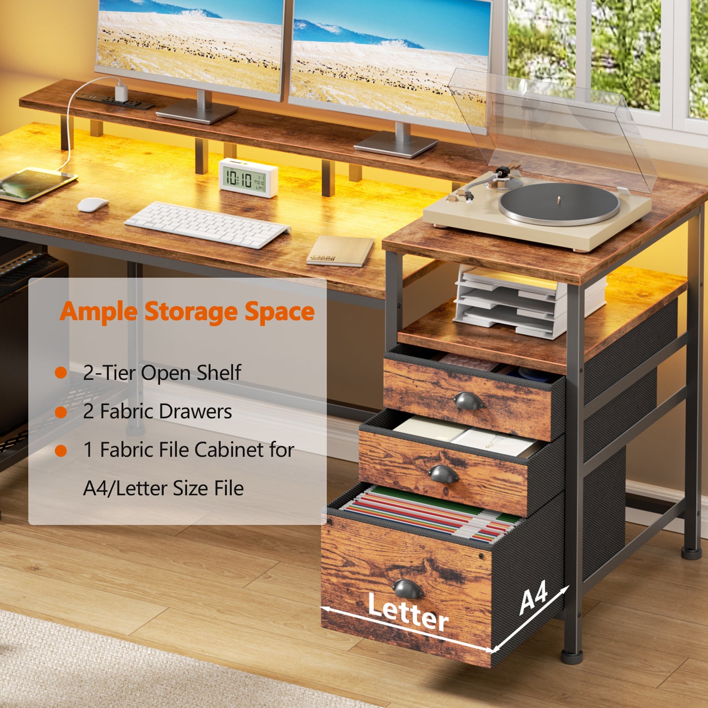 Satifur Computer Desk with 4 Drawers, 60 Inch Reversible Desk with Led Lights & Power Outlet, Home Office Desk with File Drawer & Monitor Stand, Rustic Brown