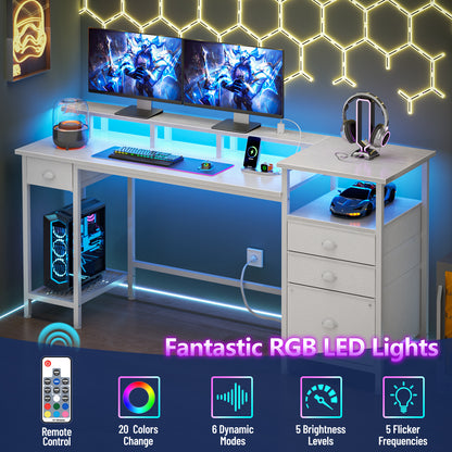 Satifur Computer Desk with 4 Drawers, 60 Inch Reversible Desk with Led Lights & Power Outlet, Home Office Desk with File Drawer & Monitor Stand, White