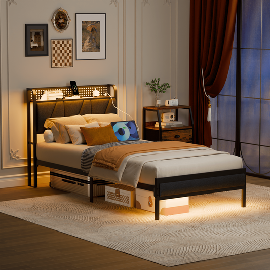 Tydimor Twin Size Metal Smart Bed Frames with Upholstered Headboard, LED Lights, USB Ports and Outlets, Storage Shelves & Underbed