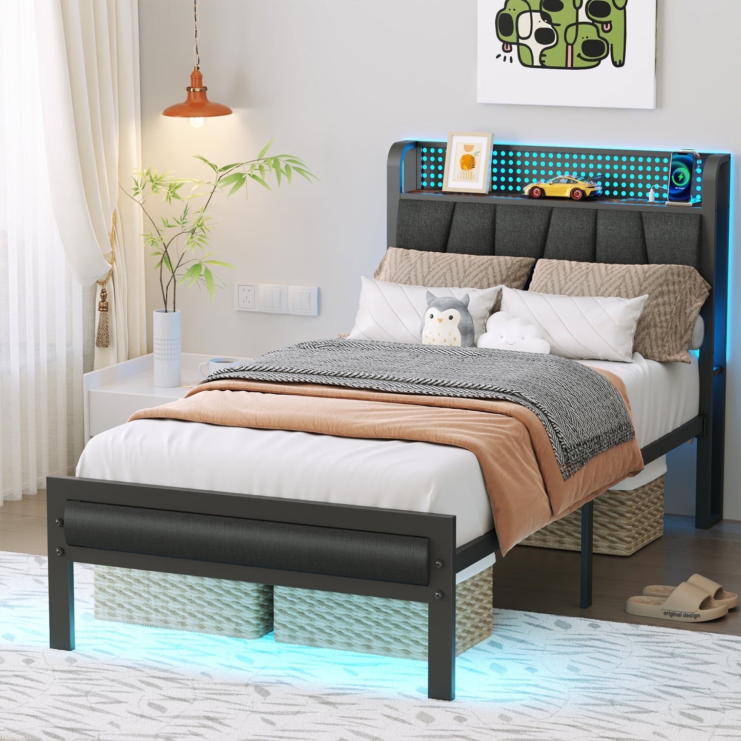 Hexmn Twin Size Metal Smart Bed Frame with Upholstered Headboard, LED Lights, USB Ports and Outlets, Storage Shelves & Underbed
