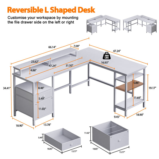 Furologee L Shaped Desk with Shelves, Reversible Corner Computer Desk with Drawers & 2 Monitor Stands, Large Home Office Desk Writing Study Gaming Table Workstation, White
