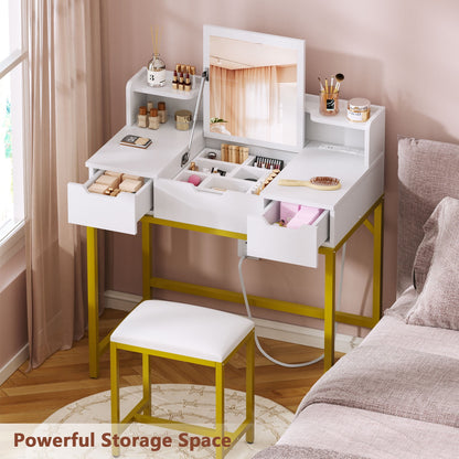 Satifur Flip-top Vanity Set, Women Dressing Table with Outlets, Makeup Vanity Desk with Mirror, Drawers & Stool