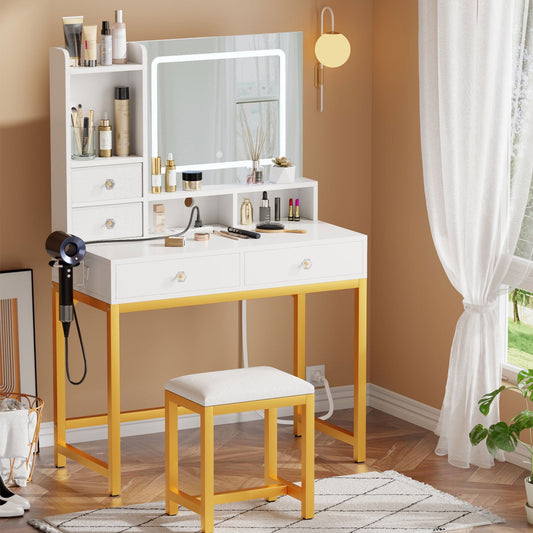 Satifur Vanity Desk Set with Light Mirror & Power Outlet, Makeup Table with Drawers, Adjustable Cabinet/Makeup Vanity Stool for Women, Girls