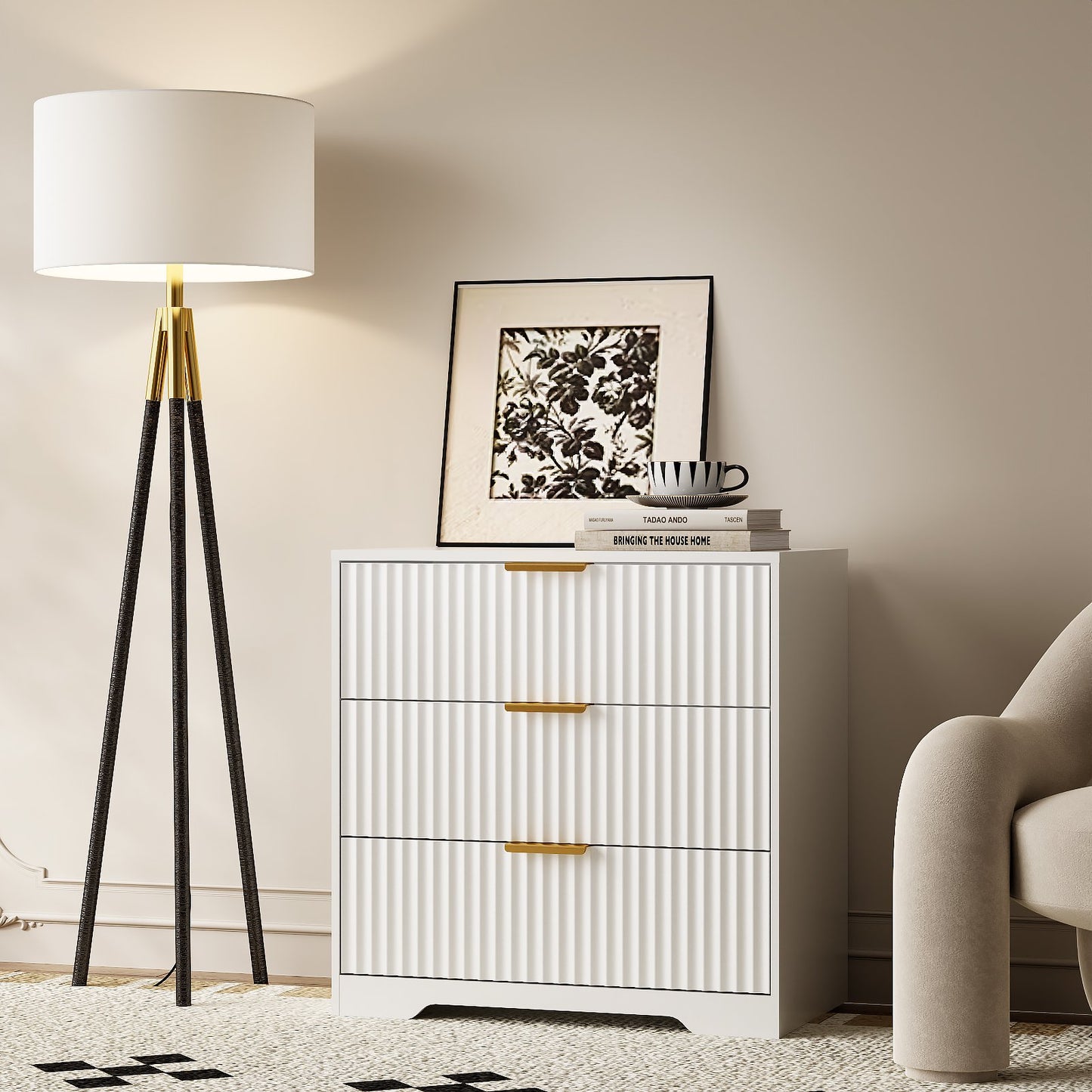 Tydimor Modern Nightstand with 3 Wooden Drawers, Bedside Table for Living Room, White