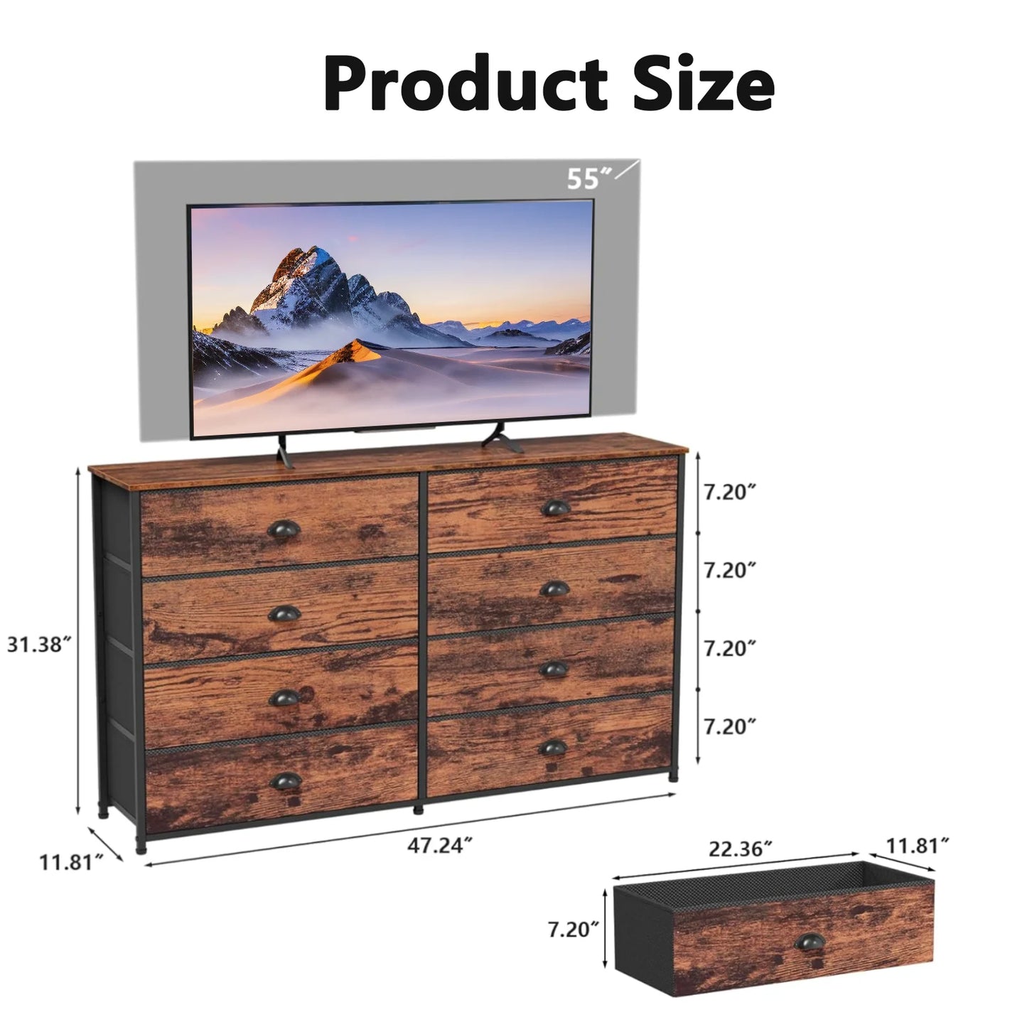 Tydimor TV Stand for TVs up to 55", Console Table with 8 Drawers, Entertainment Center for Living Room, Rustic Brown