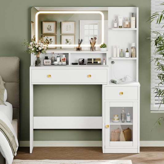 Satifur White Makeup Vanity with LED Mirror, 3 Color Lights, 2 AC + USB + Type-C, 3 Shelves, 2 Drawers & Acrylic Cabinet ??¡§?C Modern Vanity Desk for Bedroom