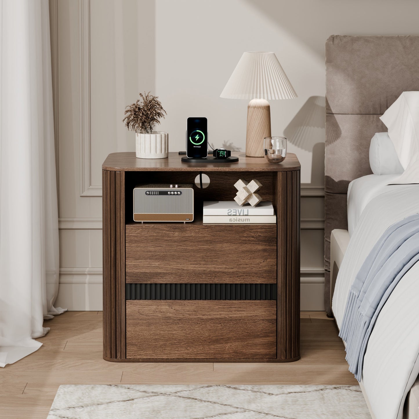 Satifur 2-Drawer Fluted Nightstand, Wood Bedside Table with Charging Station, End Table for Living Room Bedroom,Walnut