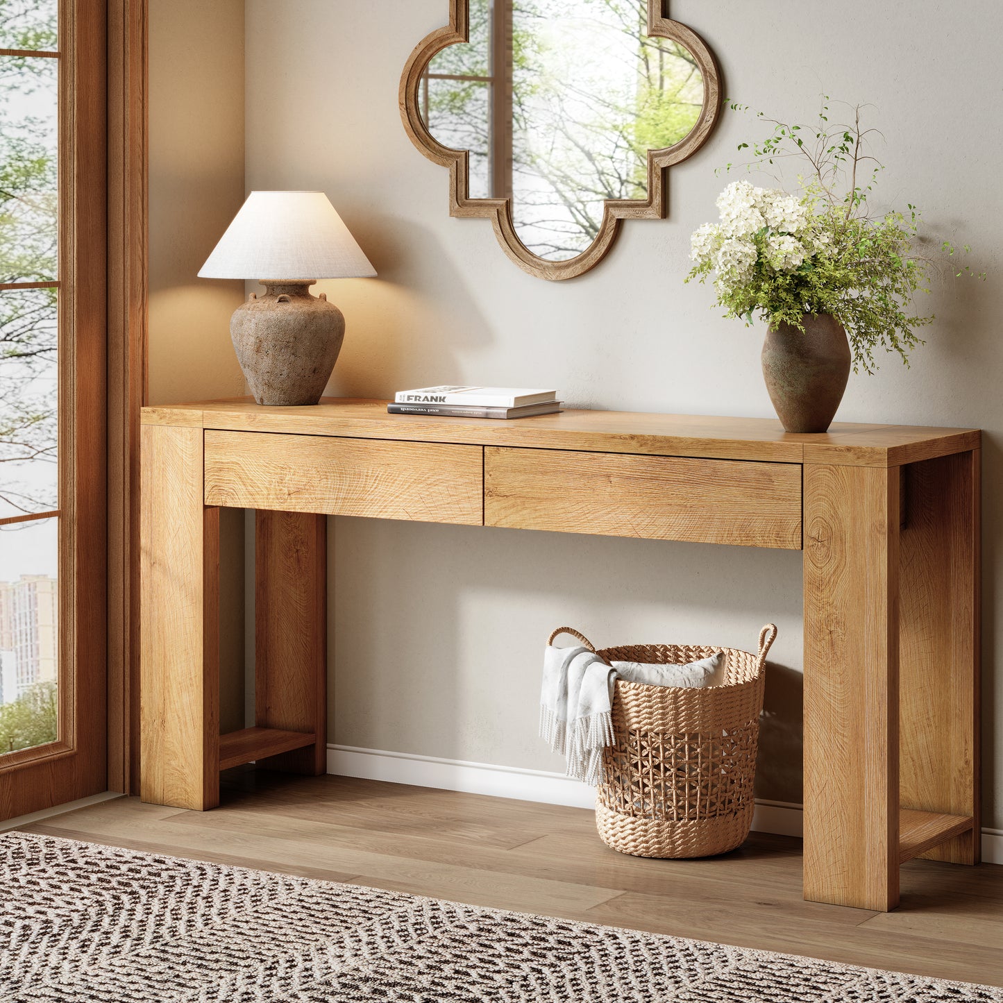 Satifur 60 Inch Wooden Console Table, Narrow Sofa Table Behind Couch with 2 Storage Drawers & 1.38" Thickened Tabletop, Long Entryway Table for Living Room Hallway, Natural Oak