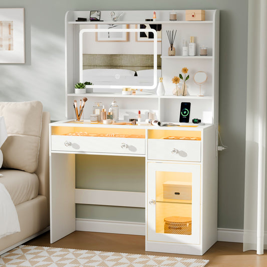 Satifur Modern LED Vanity Desk with Charging Station & Storage, White Makeup Table for Bedroom