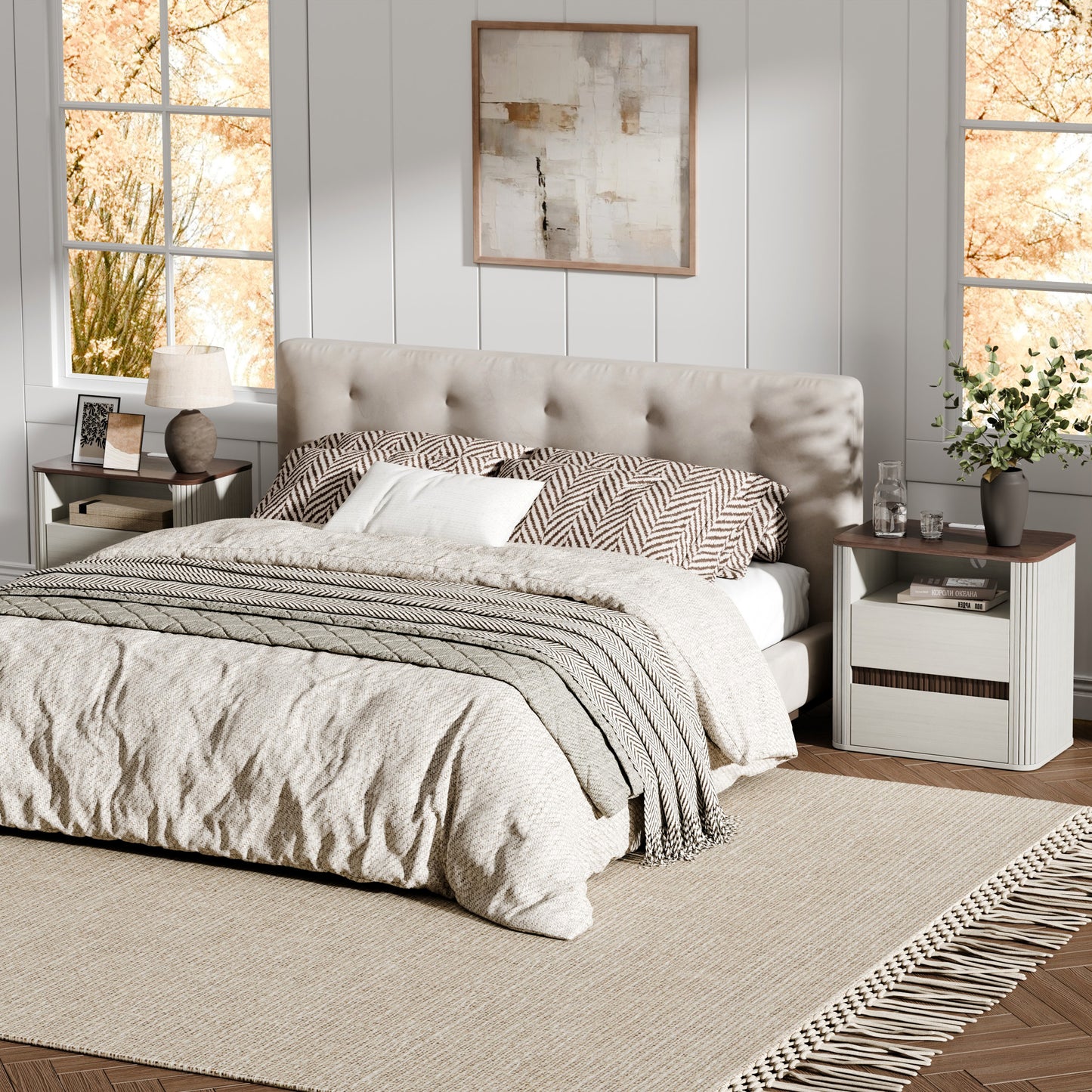 Satifur Wooden Nightstand with Charging Station, 2 Drawers Bedside Table, Storage End Table for Bedroom Living Room, Off-White
