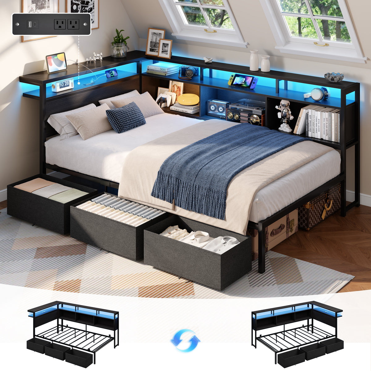 Satifur Twin Bed Frame with L-Shaped LED Headboard, Charging Station & 3 Storage Drawers, Metal Platform Bed with Storage Shelves & Wooden Slats, Black Wood Grain