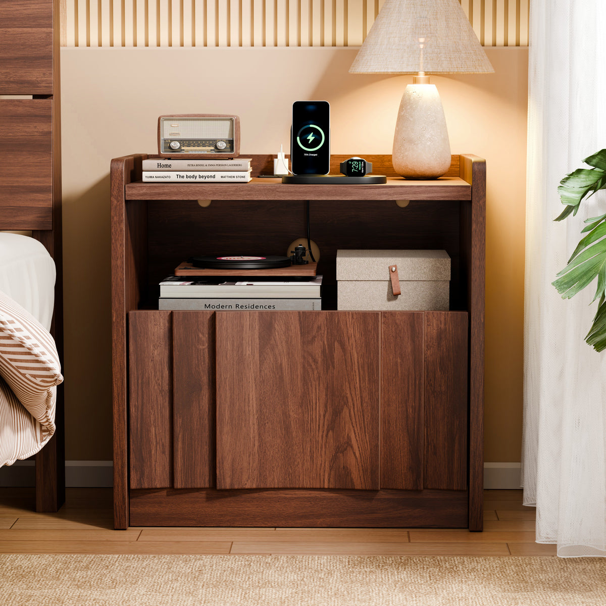 Satifur Nightstand with Charging Station, 1‑Drawer Bedside Table with Open Storage Shelf, Built‑in 2 AC Outlets USB‑A & Type‑C Power Station, CARB P2 MDF End Table for Bedroom Living Room