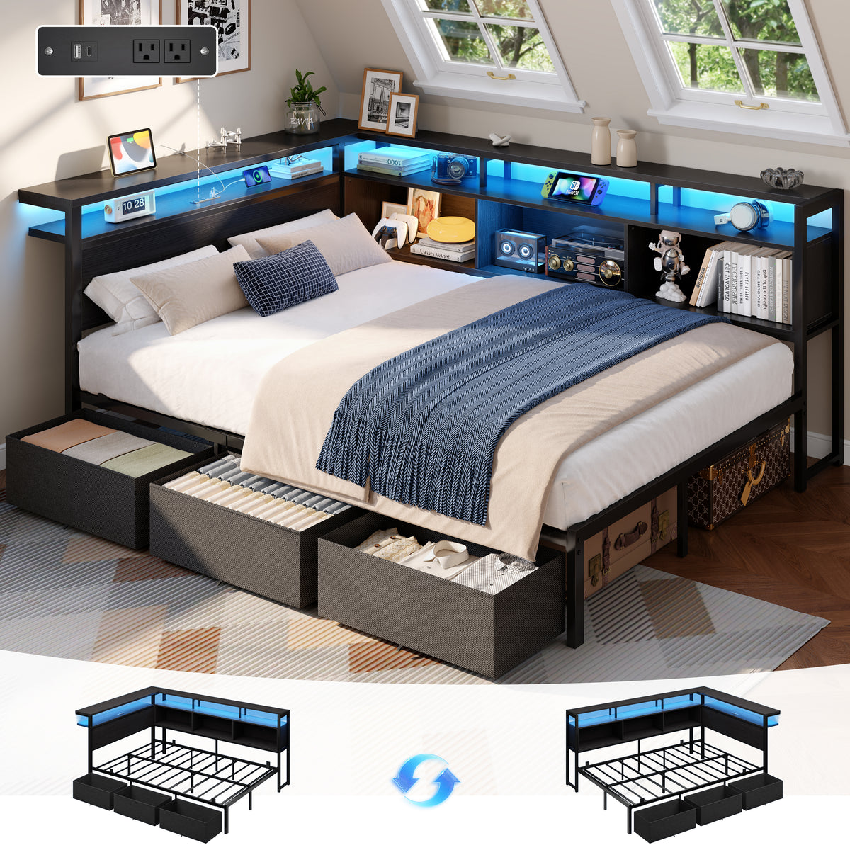 Satifur Full Bed Frame with L-Shaped LED Headboard, Charging Station & 3 Storage Drawers, Metal Platform Bed with Storage Shelves & Wooden Slats, Black Wood Grain