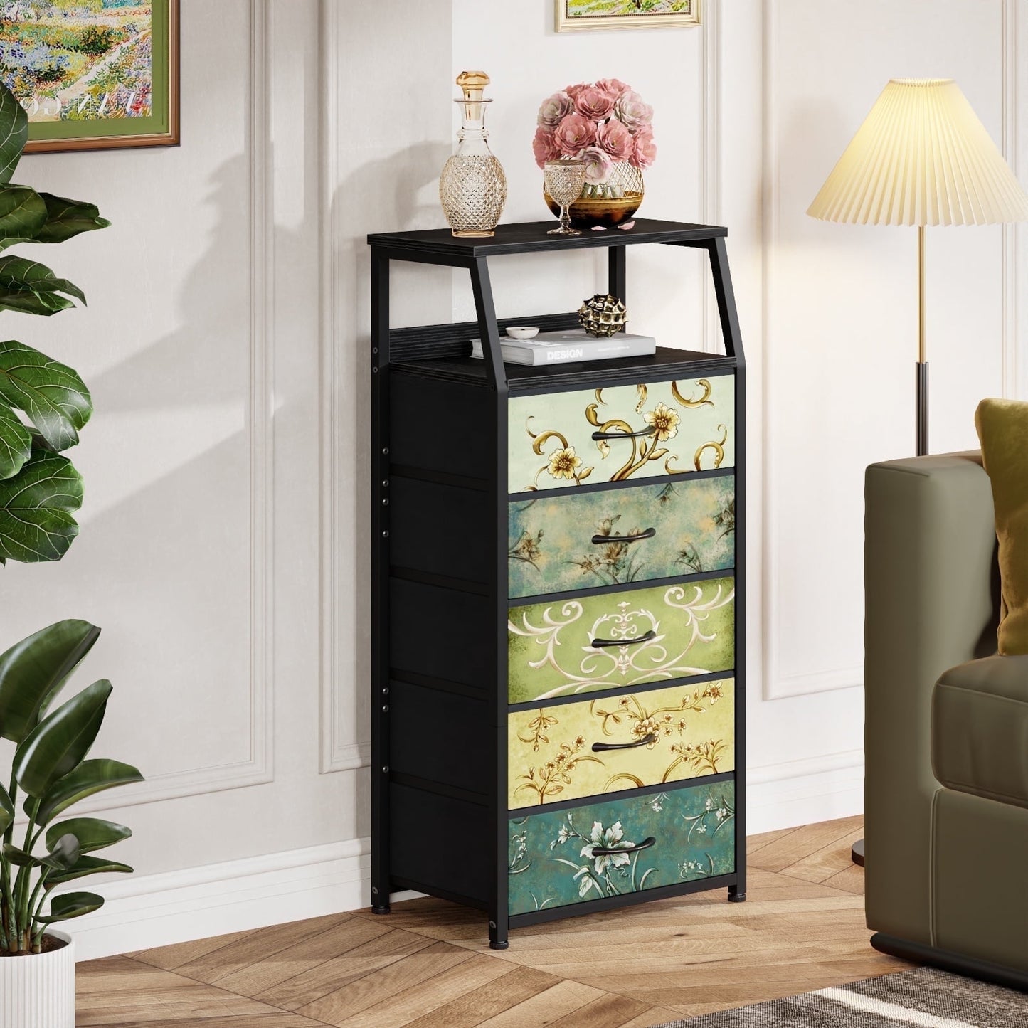 TYDIMOR Fabric Dresser for Bedroom, 5 Drawer Chest of Drawers, Retro Flower, Ideal for Adults