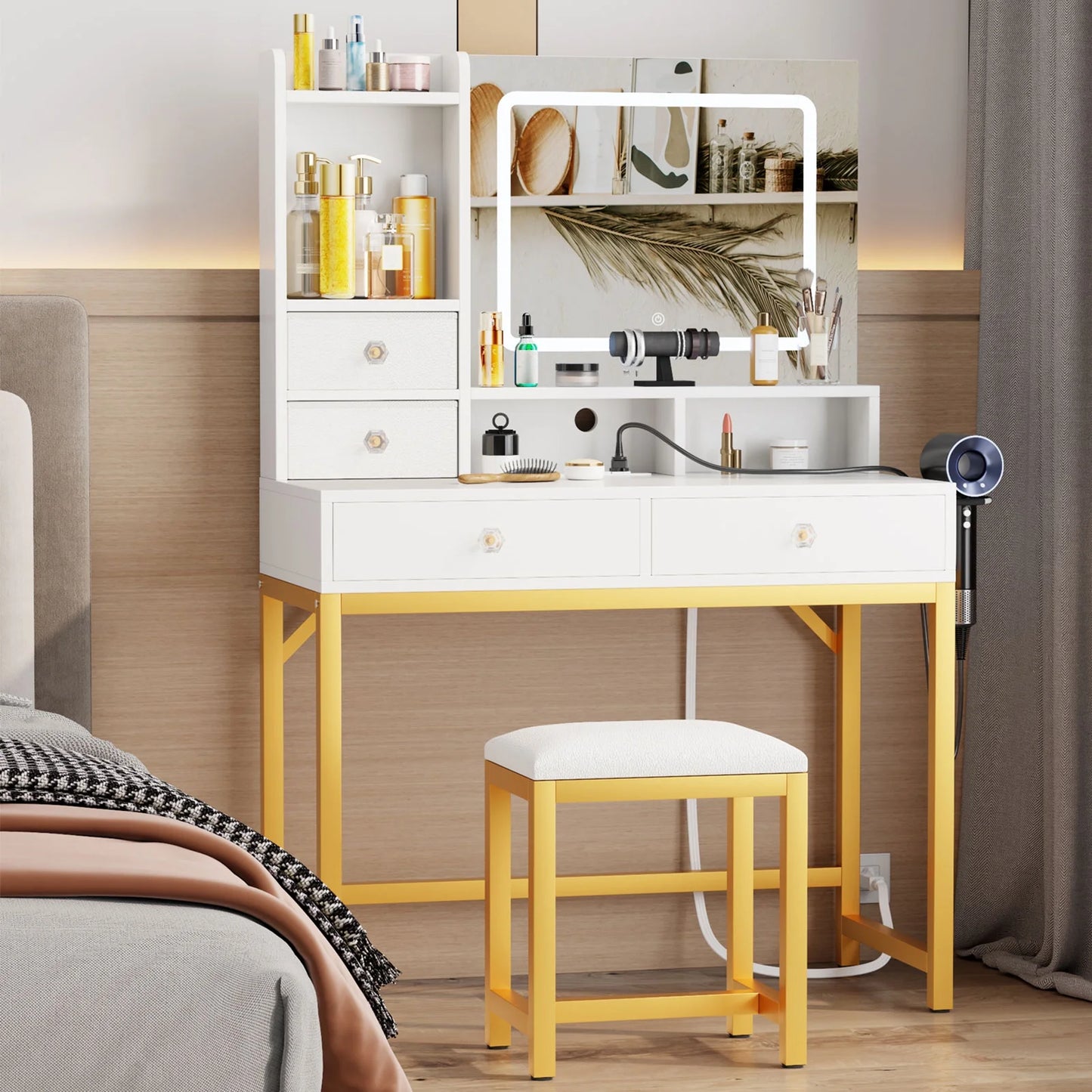 Tydimor Lighted Makeup Vanity Set, Women Dressing Table with Outlets, Vanity Desk with Drawers & Stool