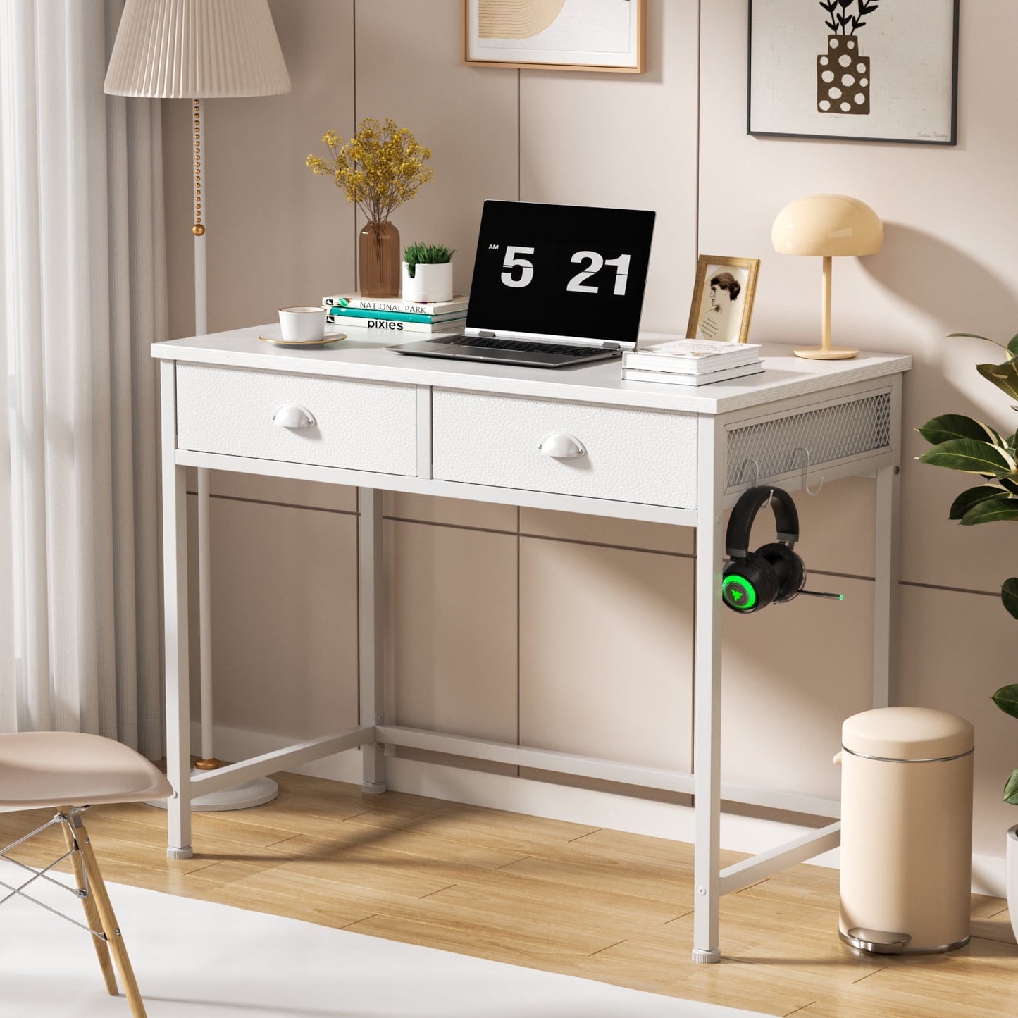 Hexmn White Computer Desk with 2 Fabric Drawers for Office Home