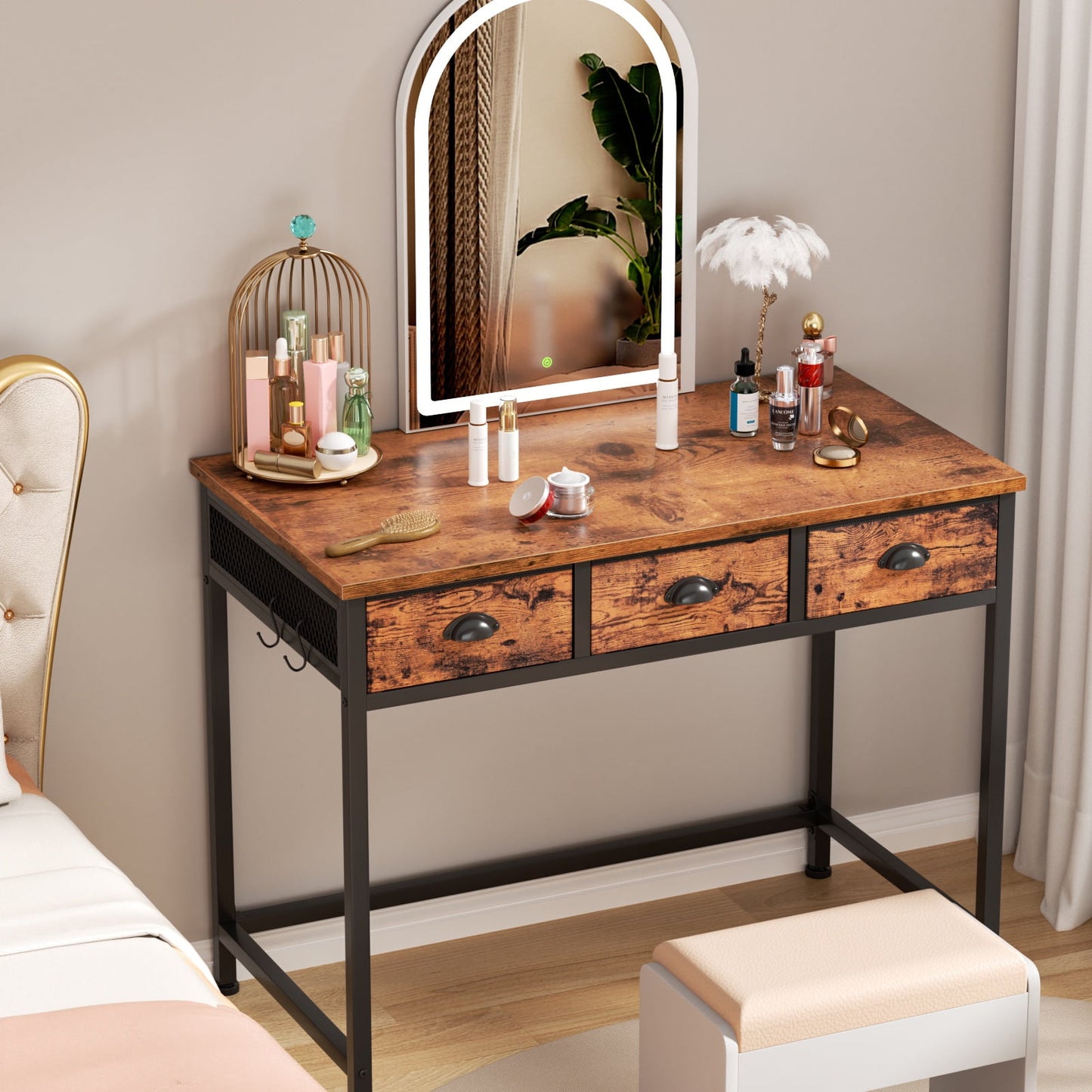 Satifur Computer Desk with Drawers & Hooks, Writing Desk with 3 Fabric Drawers for Bedroom, Home Office, Rustic Brown