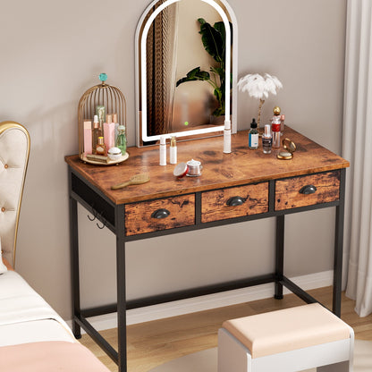 Satifur Computer Desk with Drawers & Hooks, Writing Desk with 3 Fabric Drawers for Bedroom, Home Office, Rustic Brown