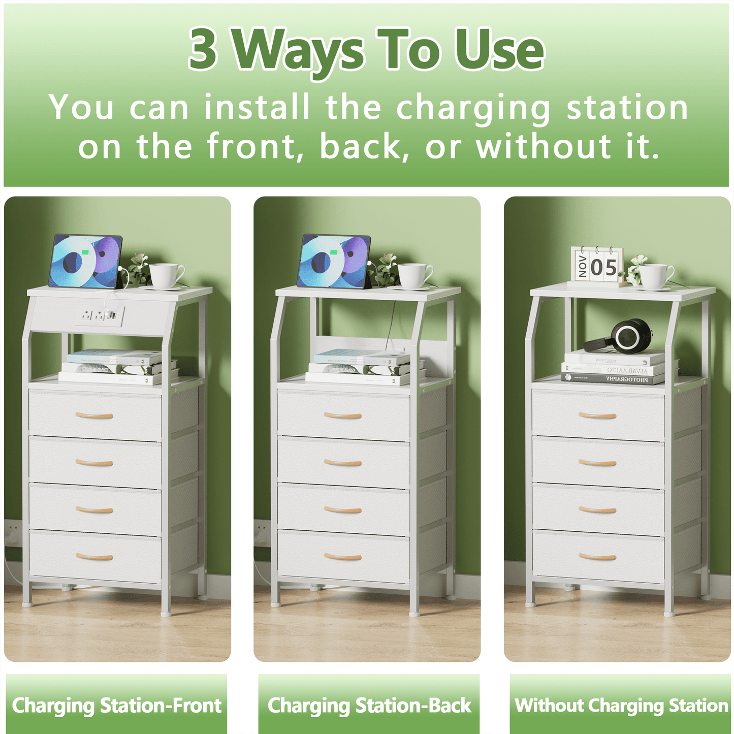 TYDIMOR Small Dresser for Bedroom, 4 Drawer with Charging Station, White, Ideal for Adults