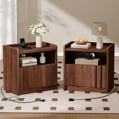 Satifur Set of 2 Nightstands with Charging Station, 1‑Drawer Bedside Tables with Open Storage Shelf, Built‑in 2 AC Outlets USB‑A & Type‑C Power Station, CARB P2 MDF End Tables for Bedroom Living Room