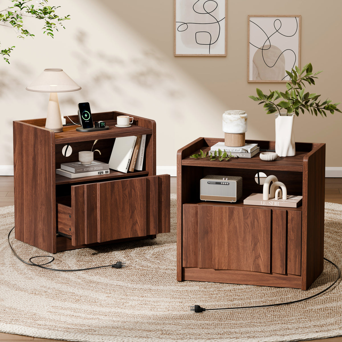 Satifur Set of 2 Nightstands with Charging Station, 1‑Drawer Bedside Tables with Open Storage Shelf, Built‑in 2 AC Outlets USB‑A & Type‑C Power Station, CARB P2 MDF End Tables for Bedroom Living Room
