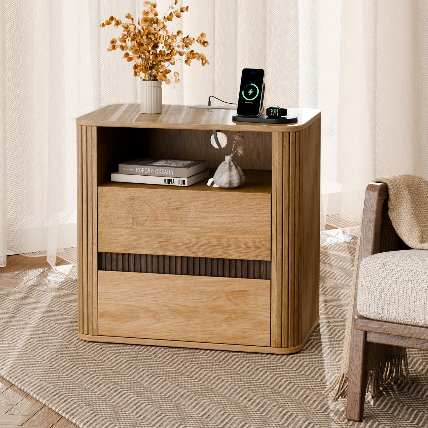 Satifur Wooden Nightstand Set of 2 with Charging Station, 2 Drawers Bedside Table, Storage End Table for Bedroom Living Room, Natural Wood