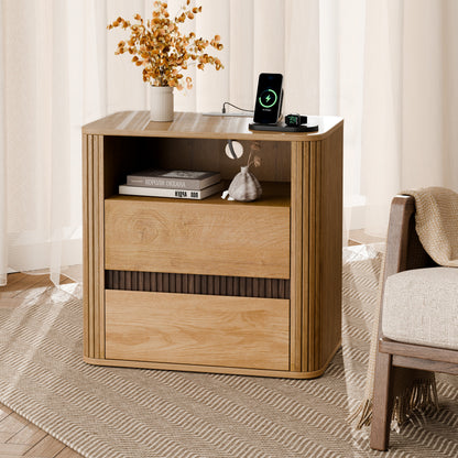 Satifur Wooden Nightstand Set of 2 with Charging Station, 2 Drawers Bedside Table, Storage End Table for Bedroom Living Room, Natural Wood