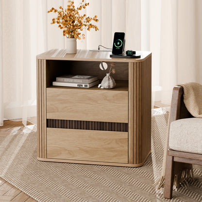 Satifur Wooden Nightstand with Charging Station, 2 Drawers Bedside Table, Storage End Table for Bedroom Living Room, Oak