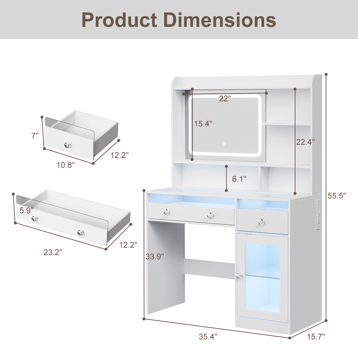 Satifur Modern LED Vanity Desk with Charging Station & Storage, White Makeup Table for Bedroom