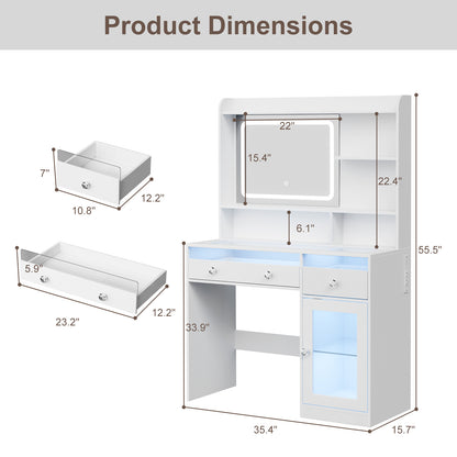 Satifur Modern LED Vanity Desk with Charging Station & Storage, White Makeup Table for Bedroom