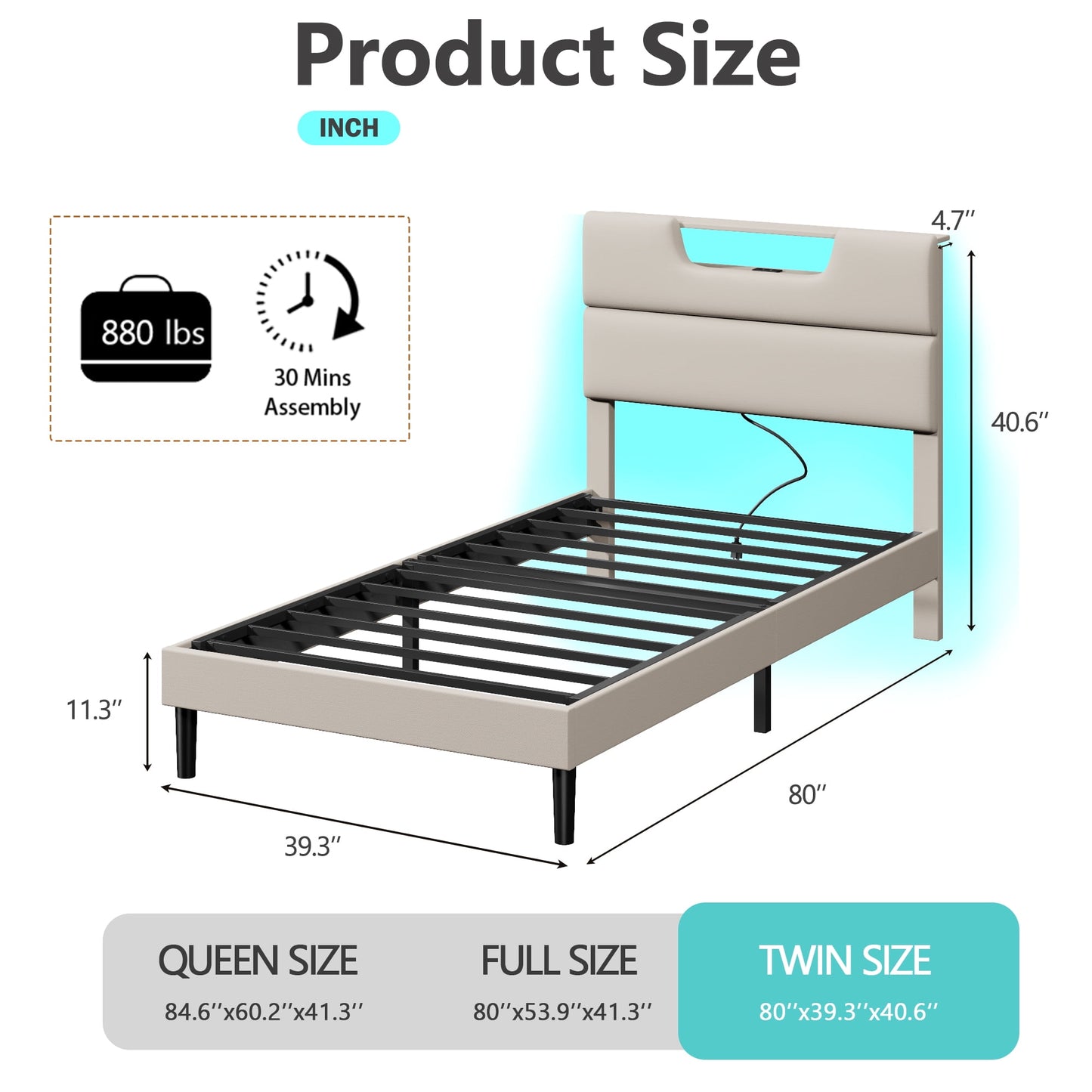 Tydimor Beige Fine Linen Fabric Bed Frame with Upholstered Headboard & Charge Station, Twin Size Bed Frame with LED Lights, No Box Spring Needed
