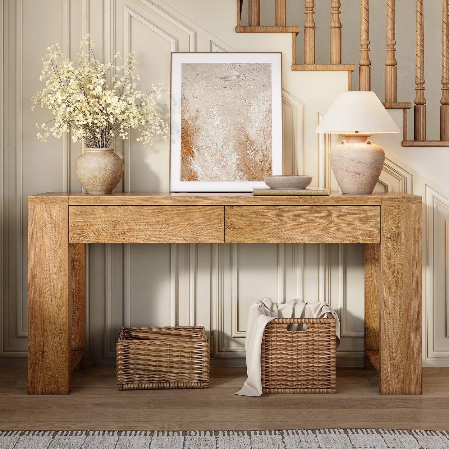 Satifur 60 Inch Wooden Console Table, Narrow Sofa Table Behind Couch with 2 Storage Drawers & 1.38" Thickened Tabletop, Long Entryway Table for Living Room Hallway, Natural Oak