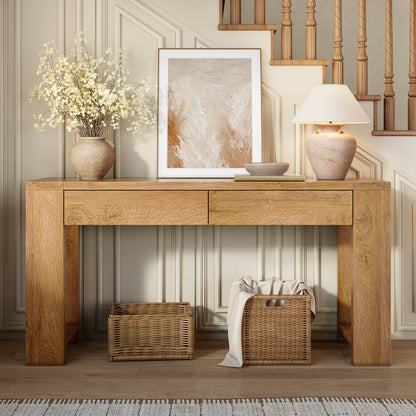 Satifur 60 Inch Wooden Console Table, Narrow Sofa Table Behind Couch with 2 Storage Drawers & 1.38" Thickened Tabletop, Long Entryway Table for Living Room Hallway, Natural Oak